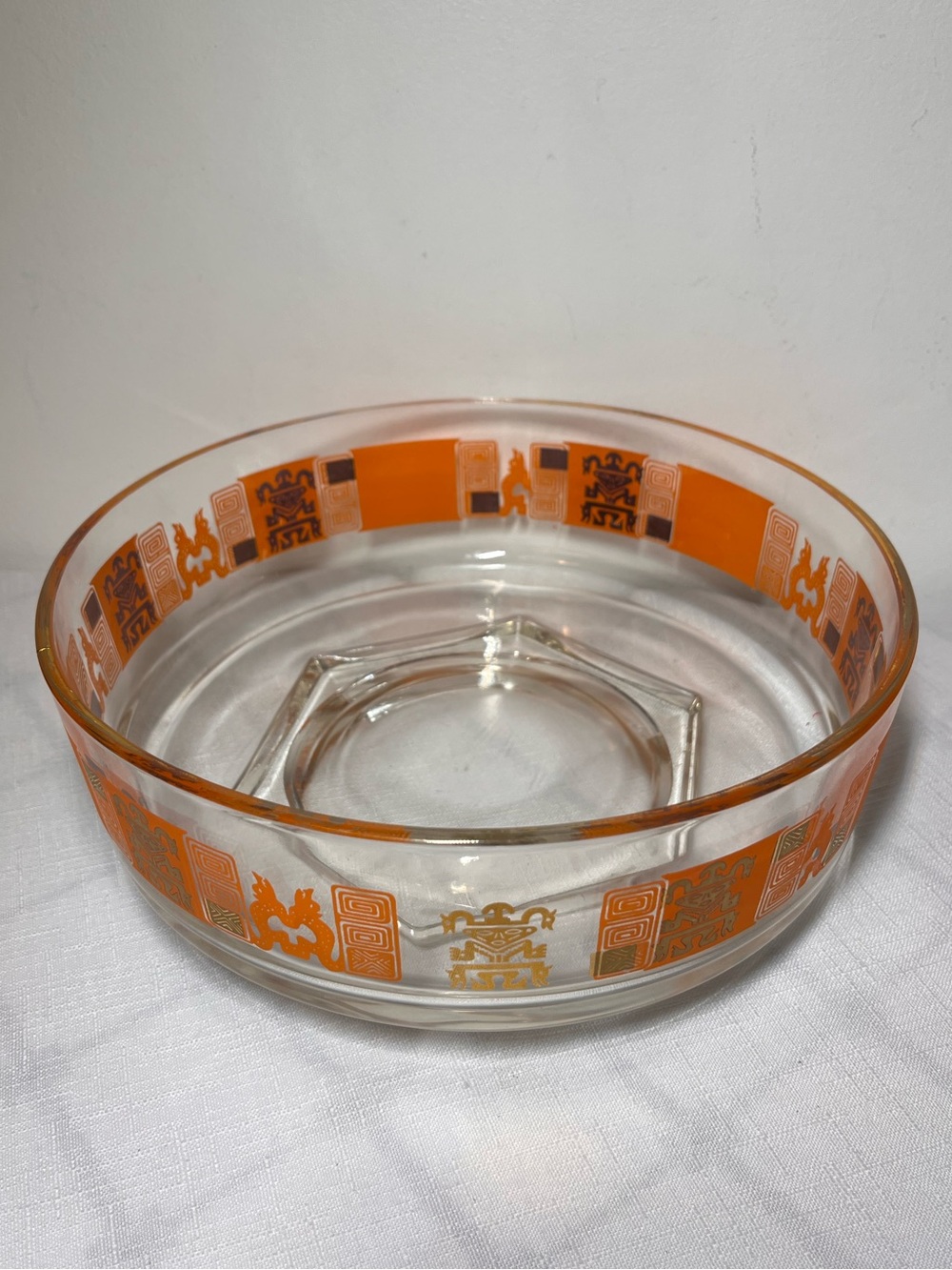 Vintage 1960s Jeannette Glass Aztec Tiki Serving Bowl
MCM
Orange Gold